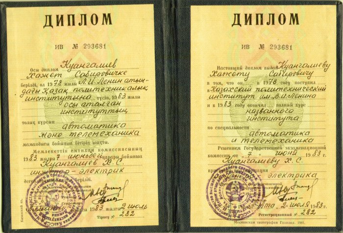 Диплом о высшем образовании Куангалиев
